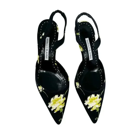 Manolo Blahnik Carolyne 50 Floral Slingback Pumps Black Yellow EU 36.5
